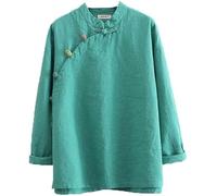 Chemisier chinois Ramie pour femme - Coton et lin - Chemise Hanfu d'été traditionnelle - Costume de méditation avec manches longues - Tunique rétro - Costume de méditation, Vert, S