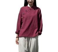 Chemisier chinois Ramie pour femme - Coton et lin - Chemise Hanfu d'été traditionnelle - Costume de méditation avec manches longues - Tunique rétro - Costume de méditation, Rouge, S