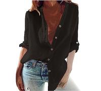 Chemisier Coton et Lin Femme, Chemise Femme Chic et élégant Col en V Bouton Manches Longues Tops Couleur Unie LâChe et Respirant T-Shirts Grande Taille Pas Cher Casual Tunique Blouse