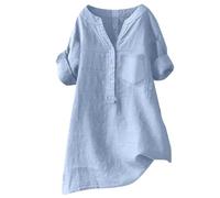 Chemisier Coton Et Lin Femme Col en V Bouton Manche Courte Chemise Longue Ample De Couleur Unie Grande Taille Tee Shirt Femme Long Fluide Casual Tunique Blouse Tops (Bleu, 4XL)
