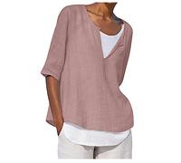 Chemisier Coton et Lin Femme Manche 3/4 Col en V Faux Deux Pièces Ample Grâce Tops Tee Shirt Hauts Confortable Grande Taille Pas Cher T-Shirts Chic et Élégant Irrégulier Blouses Coton Lin Casual