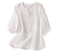 Chemisier Coton et Lin Manches Courtes pour Femme Blouses Ample Col Rond Tunique D'été Bohème Folklore Vintage Broderie Top Hauts Lâche Respirant T-Shirts Grande Taille Pas Cher Tunique Blouse Mode