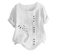 Chemisier Coton et Lin pour Femme Manches Courtes T-Shirts Chic et élégant Haut Col Rond Lâche Respirant avec Boutonnée Décontracté Grande Taille Pas Cher Casual Top Tunique de Vacances