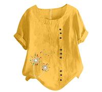 Chemisier Coton et Lin pour Femme Manches Courtes T-Shirts Chic et élégant Haut Col Rond Lâche Respirant avec Boutonnée Décontracté Grande Taille Pas Cher Casual Top Tunique de Vacances