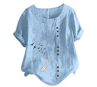 Chemisier Coton et Lin pour Femme Manches Courtes T-Shirts Chic et élégant Haut Col Rond Lâche Respirant avec Boutonnée Décontracté Grande Taille Pas Cher Casual Top Tunique de Vacances