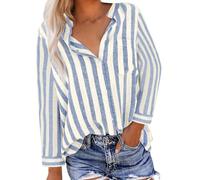 Chemisier Coton Lin Chemise élégant à Rayures pour Femmes Col en V Manches Longues Tops LâChe Respirant T-Shirts Grande Taille Pas Cher Coton Lin Décontracté Tunique Top avec Boutons