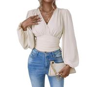 Chemisier court plissé à col en V profond pour femme - Manches longues - Haut froncé - Couleur unie - Style vintage - Coupe ajustée, beige, M