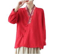 Chemisier de style néo-chinois à manches longues avec broderie florale pour femme - Hauts vintage ethniques Hanfu - Décontracté - Col en V - Boutons grenouille - Vêtements chinois traditionnels, Rouge