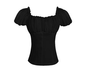 Chemisier de style Renaissance pour femme - Épaules dénudées - Manches courtes - Vintage - Style gothique Lolita Boho - Style pirate médiéval - Steampunk, Noir , M