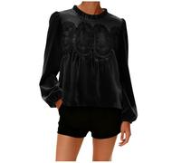Chemisier décontracté à manches longues en velours et dentelle pour femme, col rond, manches cloches, coupe ample, volants, Noir , M