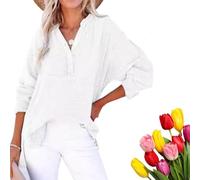 Chemisier décontracté à manches longues et col en V pour femme, coupe ample tendance, blanc, M