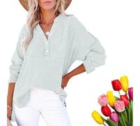 Chemisier décontracté à manches longues et col en V pour femme, coupe ample tendance, bleu clair, M