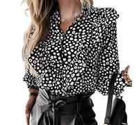 Chemisier décontracté à pois léopard imprimé à volants chemise automne hiver manches longues femmes chemises élégantes bureau femme col en V boutons hauts - noir, M