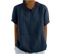 Chemisier d'été à manches courtes pour femme - Col en coton et lin - Tunique ample et confortable - Coupe décontractée - Pour le quotidien et le bureau en plein air, 1-Bleu marine, XXL