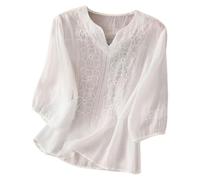 Chemisier d'été bohème en dentelle pour femme - Coton - Motif floral brodé - Tunique 2025 hippie à volants sur le devant pour personnes âgées - Coupe ample - Manches courtes - Style bohème, blanc, L