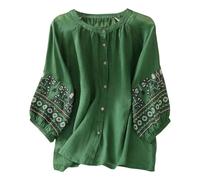 Chemisier d'été bohème en dentelle pour femme - Tunique bohème paysanne en lin brodé floral - Haut printemps indien à volants sur le devant - Chemise pour femme âgée - Style vintage - Style bohème