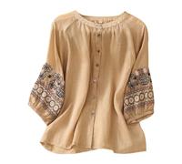 Chemisier d'été bohème en dentelle pour femme - Tunique bohème paysanne en lin brodé floral - Haut printemps indien à volants sur le devant - Chemise pour femme âgée - Style vintage - Style bohème