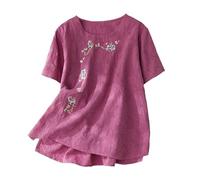 Chemisier d'été en coton et lin pour femme - Style rétro chinois - Motif grenouille - Broderie florale - Col rond - Manches courtes, 1A-Violet, L