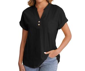 Chemisier d'été en lin pour femme avec poche de poitrine élégant et décontracté Henry col en V coupe ajustée à manches courtes chemisiers et tuniques pour femme, Noir , S