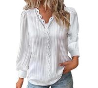 Chemisier d'été habillé en dentelle avec col en V et col en V pour femme - Élégante et habillée - Haut bohème à manches longues - T-shirt ample à manches longues pour femme, blanc, S