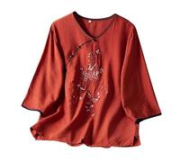 Chemisier d'été Hanfu en coton Ramie pour femme - Manches 3/4 Coupe ample avec bouton grenouille chinoise, haut de style chinois traditionnel pour tenues à thème culturel, 1B - Rouge, M