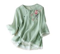 Chemisier d'été Hanfu en coton Ramie pour femme - Manches 3/4 Coupe ample avec bouton grenouille chinoise, haut de style chinois traditionnel pour tenues à thème culturel, 1 A - Vert, M