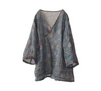 Chemisier d'été léger vintage à col en V et manches longues 3/4 pour femme, bleu, Taille Unique