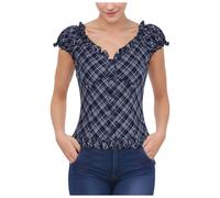 Chemisier Dirndl 2025 pour femme - Haut vichy avec bordure en dentelle et col à manches courtes - Ourlet à volants, bleu, M