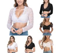 Chemisier Dirndl en dentelle pour femme - Manches longues - Fête de la bière - Col en V - Chemisier traditionnel - Taille S à 5XL - Blanc, Blanc (01), XXL