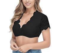 Chemisier Dirndl en dentelle pour femme - Manches longues - Fête de la bière - Col en V - Chemisier traditionnel - Taille S à 5XL - Blanc, 04 - Noir., XXL