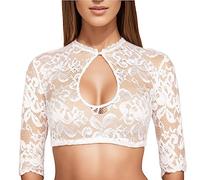 Chemisier Dirndl pour femme en dentelle, chemisier traditionnel moderne pour femme - Chemisier traditionnel blanc à manches mi-longues classique et élégant - Chemisier en dentelle pour fête de la