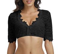 Chemisier Dirndl pour femme - Noir - Chemisier moderne - En dentelle - Manches mi-longues - Col en V - Couleur unie - Pour la fête de la bière bavaroise