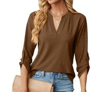 Chemisier élégant à Col en V pour Femme Chic Chemisier Ample à Manches Enroulables à 3/4 Manches Longues Lâches Hauts Tuniques de Base T-Shirt Blouses(S-XXL)