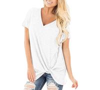 Chemisier élégant à col en V pour femme - T-shirt noué à l'avant - Manches courtes - T-shirt d'été long plissé - Tunique - Chemisier d'été léger - Chemisier Carmen, R blanc., M