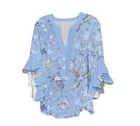 Chemisier Élégant À Col en V pour Femmes Tee Shirt Femme Manche Longue Top 3/4 Décontracté Été À Fleur T-Shirt Henley À Manche À Volants Tops Tendance Casual Loose T-Shirt Basique avec Boutons Offres