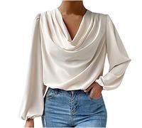 Chemisier élégant à manches longues et col bénitier pour femme - Haut court drapé froncé - Automne - Printemps - Tunique décontractée - Cadeau pour elle, beige, M