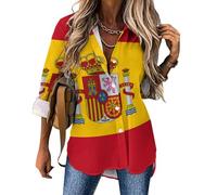 Chemisier élégant à Manches Longues pour Femme - Chemisier à Drapeau De L'Espagne avec Boutons Vêtements Patriotiques Fluide Hauts à Revers Décontracté Tops pour Le Bureau