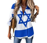 Chemisier élégant à Manches Longues pour Femme - Chemisier à Drapeau D'Israël avec Boutons Vêtements Patriotiques Fluide Hauts à Revers Décontracté Tops pour Le Bureau