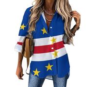 Chemisier élégant à Manches Longues pour Femme - Chemisier à Drapeau du Cap-Vert avec Boutons Vêtements Patriotiques Fluide Hauts à Revers Décontracté Tops pour Le Bureau