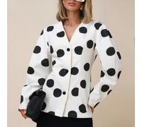 Chemisier élégant à pois pour femmes, col V profond, adapté pour le bureau au début de l'automne L,M,S,XL,XS,XXL,XXS,XXXL,XXXXLImprimés aléatoiresTissu tissé