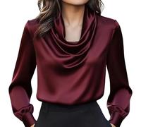 Chemisier élégant en satin uni à col bénitier à manches longues pour femme - Style décontracté - Pour le bureau et le travail, 1a-vin, L