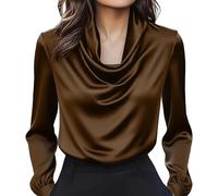 Chemisier élégant en satin uni à col bénitier à manches longues pour femme - Style décontracté - Pour le bureau et le travail, 1a-café, XXL