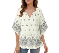 Chemisier élégant pour femme - Manches 3/4 - Style bohème - Décontracté - Col en V - Tunique avec imprimé, Blanc., XL