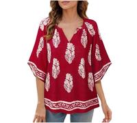 Chemisier élégant pour femme - Manches 3/4 - Style bohème - Décontracté - Col en V - Tunique avec imprimé, rouge, S
