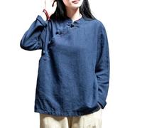 Chemisier en coton et lin de style chinois pour femme - Col montant - Col montant - Manches longues - Style rétro asymétrique - Coupe ample - Vêtement de travail d'été et quotidien, bleu marine, 4XL