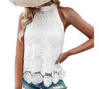Chemisier en dentelle pour femme - Haut d'été - Col en V - Sans manches - Sexy - T-shirt basique - Dos nu - Élégant - Lâche - Confortable, A blanc., L