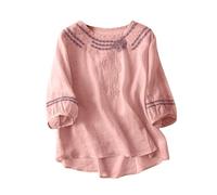 Chemisier en lin à col en V pour femme - Style bohème - Paysanne ample - Broderie florale - Tunique printanière hippie à volants pour femmes âgées - Style décontracté et tendance - En gaze - Dentelle