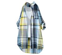 Chemisier en lin pour femme - Long boutonné - Veste d'été longue avec boutonnière - Léger et élégant - Veste d'été - Grandes tailles - Veste à carreaux vintage - Chemise à carreaux, jaune, XL