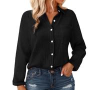 Chemisier en mousseline de coton pour femmes avec boutons - Manches longues, blouse texturée crinkle avec poche, coupe décontractée légère pour l'été et superposition, L