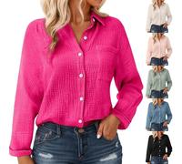 Chemisier en mousseline de coton pour femmes avec boutons - Manches longues, blouse texturée crinkle avec poche, coupe décontractée légère pour l'été et superposition, RD1., S